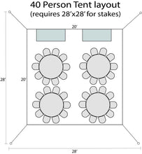 Load image into Gallery viewer,  40 person Party Package Rental Massachusetts 20x20 High Peak Tent Layout