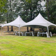 Load image into Gallery viewer, 80 Person Party Package Rental Massachusetts 20x40 High Peak Tent with no  sidewalls in trees
