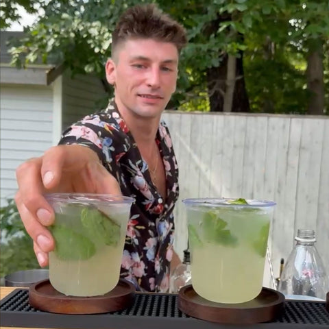 BZ craft cocktail with fresh mint served from the custom red oak mobile bar, mobile bar rental and dry hire bartending in Hull MA