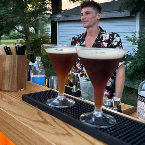 BZ two espresso martinis served on the custom red oak mobile bar, mobile bar rental and dry hire bartending in Duxbury MA