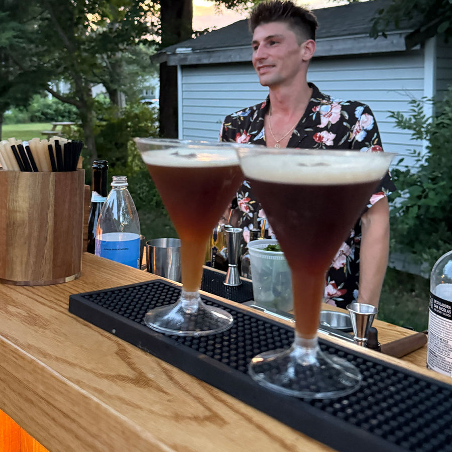 BZ two espresso martinis served on the custom red oak mobile bar, mobile bar rental and dry hire bartending in Hanover MA