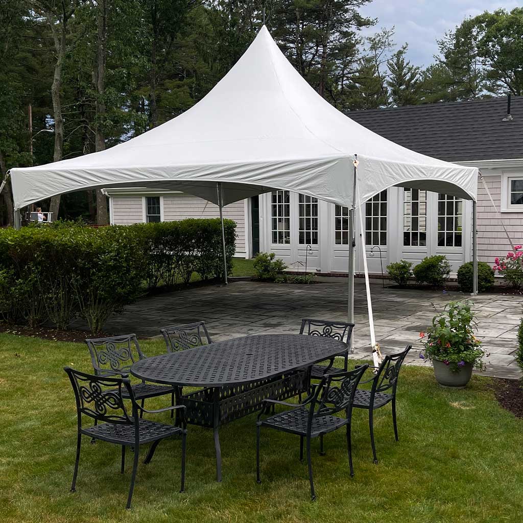 20x20 High Peak Frame Tent Rental  on patio in Massachusetts